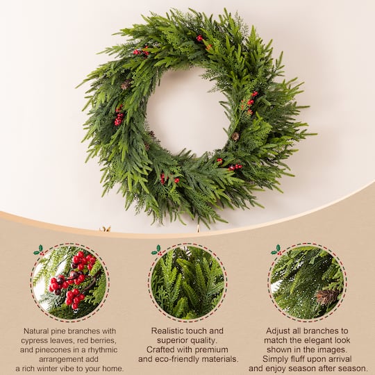 Glitzhome® 30" Oversized Christmas PE Wreath with Pinecones and Red Berries